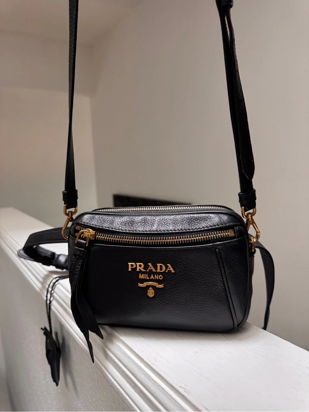 Prada Black Leather Crossbody with Gold Logo